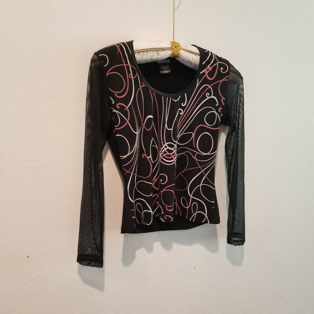 Baranda Shirt Women Medium Sheer Long Sleeve Pullover Stretch Top Abstract Black